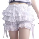 Dame shorts Høj talje Ensfarvet Blonde Chiffon Rynkning Sløjfer Elegante romantiske sommer shorts med blondedekoration 1