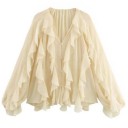 Dame skjorte langærmet V-hals Elegant skjorte med flæser Knaplukning Let stilfuld top til hverdagsbrug Polyester 10