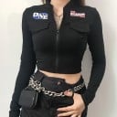 Dame sort crop top med lange ærmer og lynlås Kort tætsiddende jakke Lav krave To klapper og tryk på brystet Bomuld med spandex 2