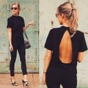 Dame sort elegant bluse med korte ærmer og dråbeformet udskæring på ryggen Rund halsudskæring med knap bagpå Bomuld og polyester 2