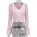 Dame strikket cardigan med V-udskæring Ensfarvet sweater med knaplukning og udvidede ærmer Elegantisk mode sweater Polyester og bomuld 26