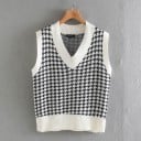 Dame strikket oversize vest uden ærmer Sort-hvidt hane fod mønster V-udskæring Cremede ribkanter Bomuld og polyester 1