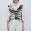 Dame strikket oversize vest uden ærmer Sort-hvidt hane fod mønster V-udskæring Cremede ribkanter Bomuld og polyester 2