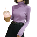 Dame sweater med rullekrave i bomuld og akryl Enfarvet elegant strikket sweater med lange ærmer Universel størrelse til efterår og vinter 2