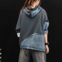 Dame sweatshirt med hætte og denimindsats Asymmetrisk nederste kant Denimdele på ærmerne Klaplomme Kængurulomme Bomuld Løs pasform 6