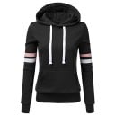 Dame sweatshirt med hætte og kontraststriber på ærmerne Hvid justerbar snor Kængurulomme Ribstrikkede manchetter og kant Polyester 1