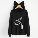 Dame sweatshirt med katteører på hætten Tryk af sovende kat Kængurulomme Justerbar snor Lange ærmer Ribkant Polyester 1