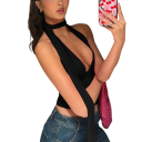 Dame T-shirt ensfarvet V-udskæring Bredte stropper Halstørklæde Polyester spandex elegant sommer top 2