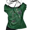 Dame-T-shirt med dobbelt lag og Les Galleries-print. Off-shoulder-udskæring. Elegant lagdelt top med blondemotiv foran. 14