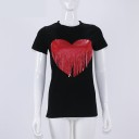 Dame T-shirt med hjerteprint og frynser 2