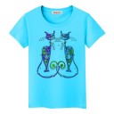 Dame T-shirt med katteprint B385 1