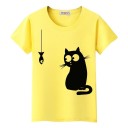 Dame T-shirt med katteprint B386 2