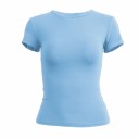 Dame T-shirt med korte ærmer, tætsiddende elastisk top med rund hals, moderne ensfarvet T-shirt, slim fit, moderigtigt tøj 5