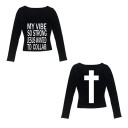 Dame T-shirt med lange ærmer, V-hals og streetwear, kristent motivprint foran og kors bagpå - Stilfuld Faith in Fashion 1