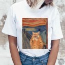 Dame T-shirt med sjovt katteprint 3