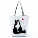 Dame taske i polyester med katteprint 27 x 37 x 8 cm Indkøbstaske med grå håndtag og grå bund Til indkøb og daglig brug 1