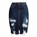 Dame tattered denim nederdel til knæene med slids foran Tæt pencil-snit Frynset kant Kontrast syning Mørkeblå Bomuld 1