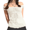 Dame top T-shirt med blondedetaljer Blondeærmer Snøring i taljen Elegant bluse med rund hals Til fritid og aftenbrug 2
