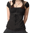Dame top T-shirt med blondedetaljer Blondeærmer Snøring i taljen Elegant bluse med rund hals Til fritid og aftenbrug 1