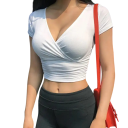 Dame V-hals Crop T-shirt Kort Tight Top Elegant Kortærmet Casual T-shirt Fitness Sommertøj 3
