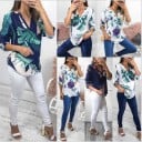Damebluse med planteprint og V-udskæring Lange ærmer med mulighed for opsmøg Rundet kant Polyester Passer til bukser med højt liv 7