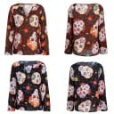 Damebluse med print af prydede kranier og farverige blomster Lange løse ærmer V-udskæring Løs pasform Materiale chiffon 7