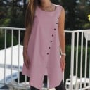 Damebluse uden ærmer med slids i midten Forlænget tanktop-snit Asymmetrisk kant Dekorative knapper Polyester- og bomuldsblanding 1