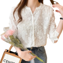 Damehvid bluse V-udskæring Trekvartærmer Blomsterkant Elegant bluse i polyester og bomuld 1