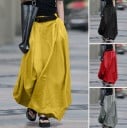 Damen Baumwoll Maxi Rock mit seitlichen Taschen Voluminöser Ballon Schnitt mit Falten am Bund Bund mit Knopf Langer, lockerer Rock 8
