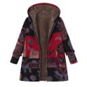 Damen Baumwoll Winterjacke mit Kapuze Wärmende plüschige Innenauskleidung aus Polyester Ethnisches Patchwork-Muster Reißverschluss Längerer 1