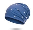 Damen Beanie Mütze mit Perlenimitaten und glitzernden Steinen Lockere Passform mit weichem Raffung Feiner Polyesterstrick 2