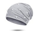 Damen Beanie Mütze mit Perlenimitaten und glitzernden Steinen Lockere Passform mit weichem Raffung Feiner Polyesterstrick 4