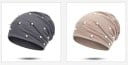Damen Beanie Mütze mit Perlenimitaten und glitzernden Steinen Lockere Passform mit weichem Raffung Feiner Polyesterstrick 15