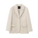 Damen Beiges Plüsch Sakko mit Kragen und Taschen Eleganter weicher Mantel aus Polyester Einfarbige Herbst- und Winterbekleidung 1