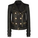 Damen Bikerjacke aus Kunstleder Doppelte goldene Knöpfe Asymmetrischer Reißverschluss Gürtel mit Schnalle Schnallen an den Ärmeln 1