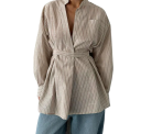 Damen braune gestreifte Bluse mit Kragen und langen Ärmeln Stylische Bluse mit Schleife im Rücken in der Taille Polyester-Baumwoll-Mischung 1