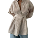 Damen braune gestreifte Bluse mit Kragen und langen Ärmeln Stylische Bluse mit Schleife im Rücken in der Taille Polyester-Baumwoll-Mischung 3