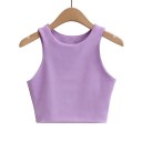 Damen Crop Top Breite Träger Rundhalsausschnitt Einfarbig Kurzes Top aus Polyester und Spandex Elastischer Schnitt 7