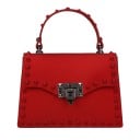 Damen Crossbody Tasche mit oberem Griff und dekorativen Nieten Metallverschluss an der Klappe Mattes Kunstleder Fester rechteckiger Form 3