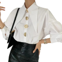 Damen elegante Bluse mit Ballonärmel, großem spitzen Kragen und dekorativen Knöpfen in verschiedenen Formen mit schmalem Manschette 2