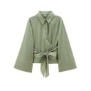 Damen elegante Bluse mit Kragen und langen Ärmeln Stilvolles Kimono mit Schleife in der Taille Einfarbige Bluse mit Knöpfen aus leichtem 7