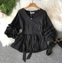 Damen elegante Bluse mit Schleife am Rücken Überlappender V-Ausschnitt Puffärmel Schmalere Taille mit Volant Baumwolle mit Polyester und Acryl 3