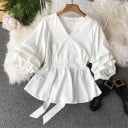 Damen elegante Bluse mit Schleife am Rücken Überlappender V-Ausschnitt Puffärmel Schmalere Taille mit Volant Baumwolle mit Polyester und Acryl 4