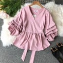 Damen elegante Bluse mit Schleife am Rücken Überlappender V-Ausschnitt Puffärmel Schmalere Taille mit Volant Baumwolle mit Polyester und Acryl 5