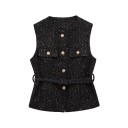 Damen elegante einfarbige Weste mit Gürtel und Taschen auf der Brust Stylische Weste mit Rundhalsausschnitt Knopfverschluss Verschiedene Farben 22
