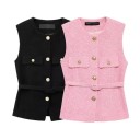 Damen elegante einfarbige Weste mit Gürtel und Taschen auf der Brust Stylische Weste mit Rundhalsausschnitt Knopfverschluss Verschiedene Farben 11