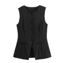Damen elegante einfarbige Weste mit Rundhalsausschnitt Knopfverschluss Stilvolle Polyesterweste ohne Ärmel für den Alltag und formelle Anlässe 19
