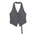 Damen elegante einfarbige Weste mit V-Ausschnitt und Taschen Stilvolle Polyesterweste mit Trägern um den Hals und Bindeband im Rücken 11