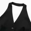 Damen elegante einfarbige Weste mit V-Ausschnitt und Taschen Stilvolle Polyesterweste mit Trägern um den Hals und Bindeband im Rücken 5