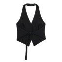 Damen elegante einfarbige Weste mit V-Ausschnitt und Taschen Stilvolle Polyesterweste mit Trägern um den Hals und Bindeband im Rücken 7